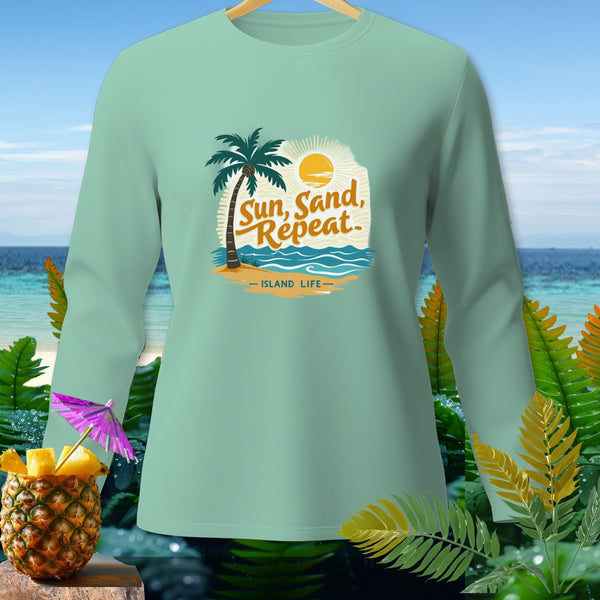 Mint green long-sleeve shirt with "Sun, Sand, Repeat - Island Life" graphic.