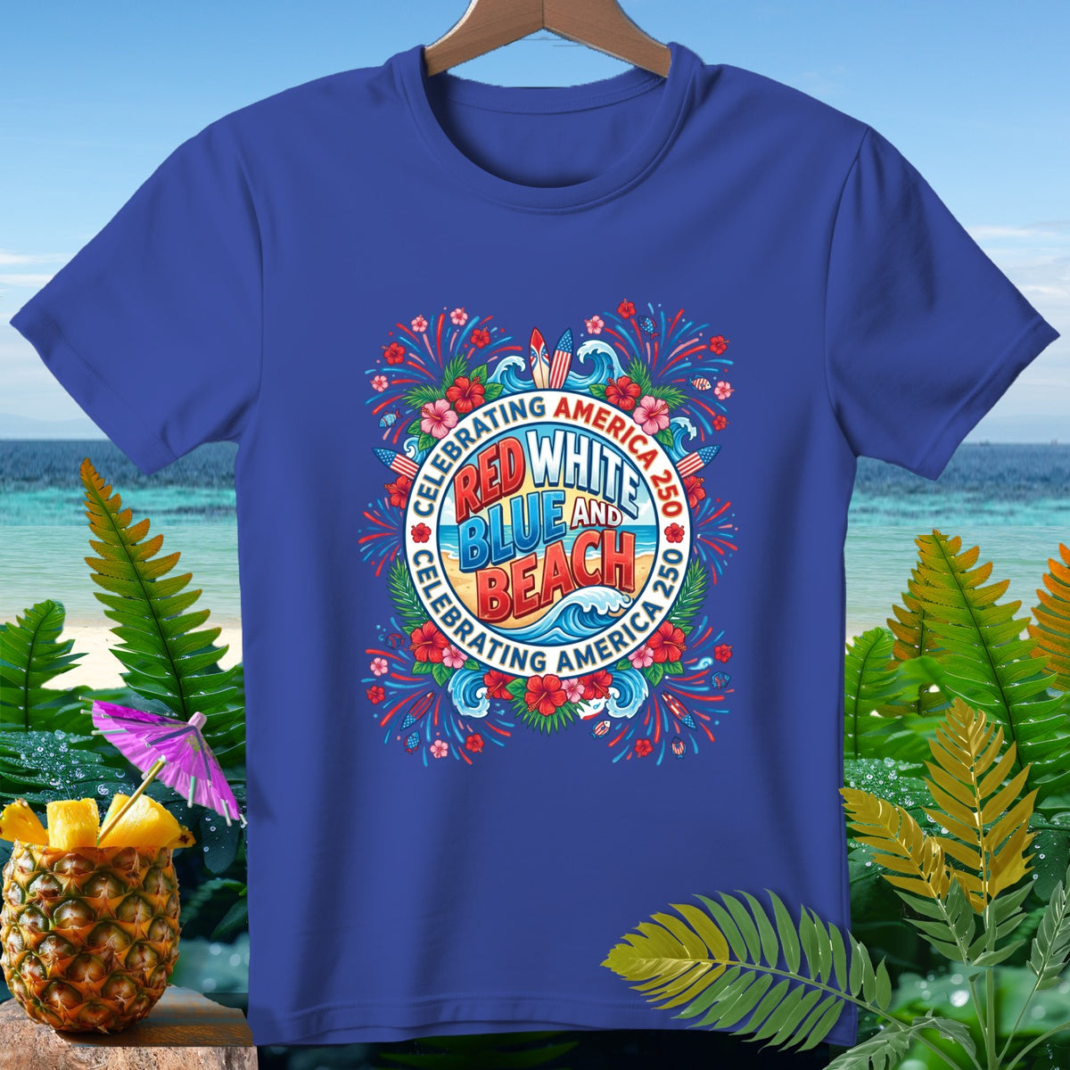Royal blue t-shirt with a circular graphic celebrating "Red White and Blue and Beach"