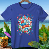 Royal blue t-shirt with a circular graphic celebrating 