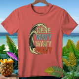 Salmon t-shirt with surfer riding a wave and text 
