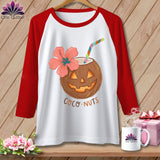 White baseball tee with a jack-o'-lantern coconut and text 