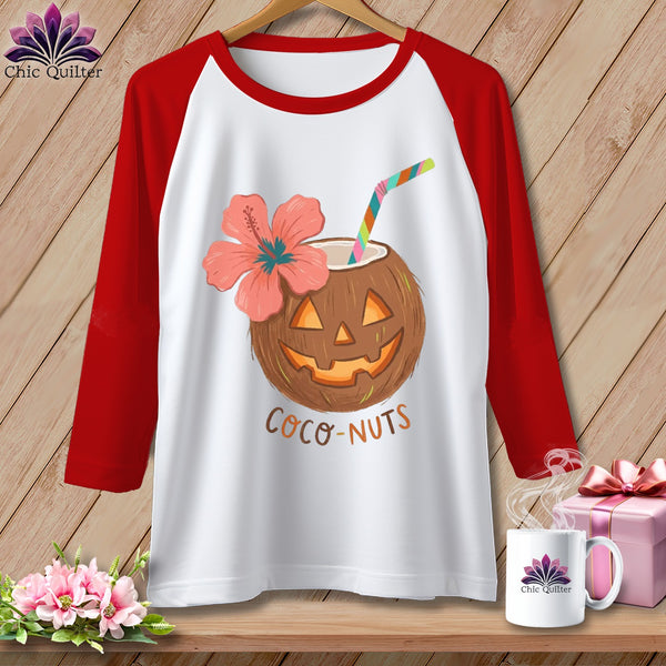 White baseball tee with a jack-o'-lantern coconut and text "Coco-Nuts".