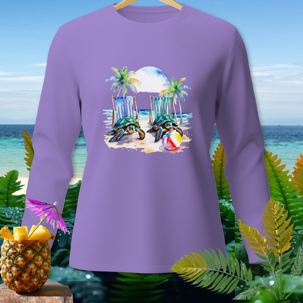 Purple long-sleeve shirt with two turtles and beach chairs graphic.