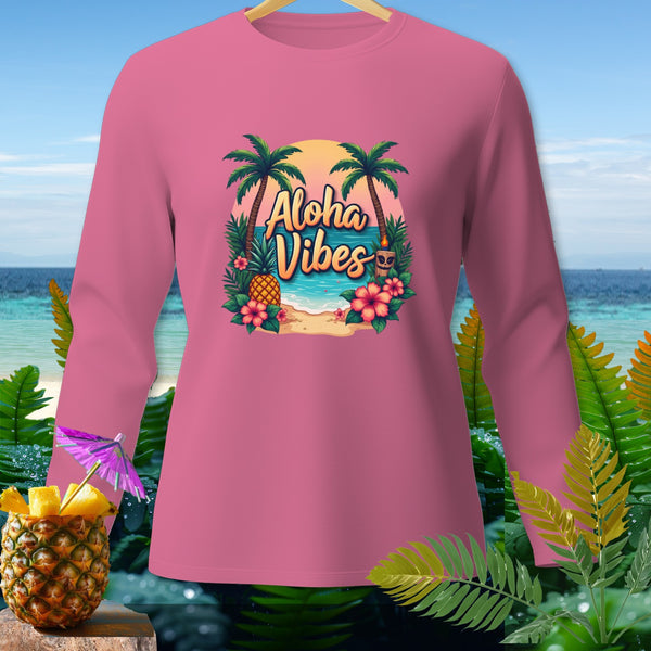 Pink long-sleeve shirt with a "Aloha Vibes" beach graphic and tropical plants.