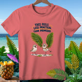 Coral t-shirt with cartoon birds and text 