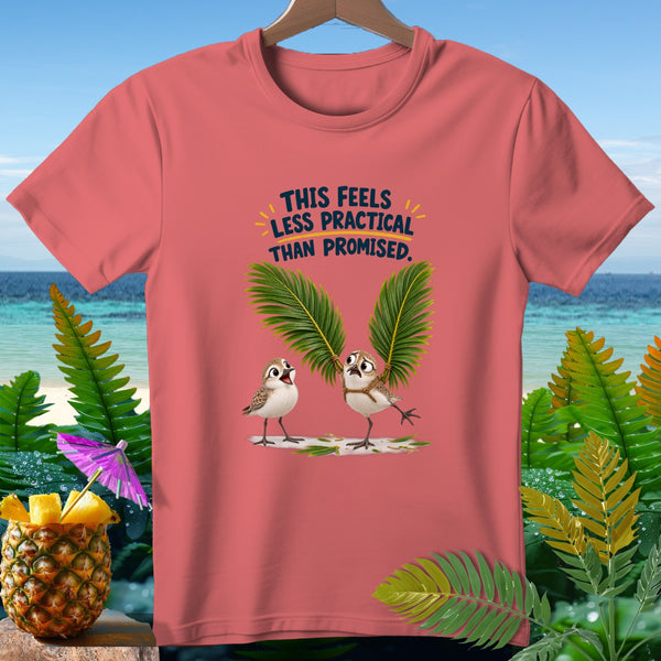 Coral t-shirt with cartoon birds and text "This feels less practical than promised."