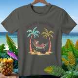 Gray t-shirt with witch relaxing in hammock with cat, palm trees, and 