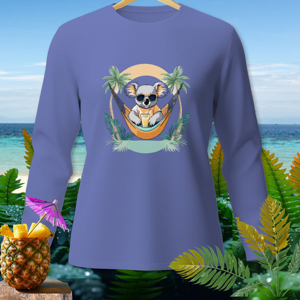 Long-sleeve shirt with a koala in a hammock with a drink on a beach scene.