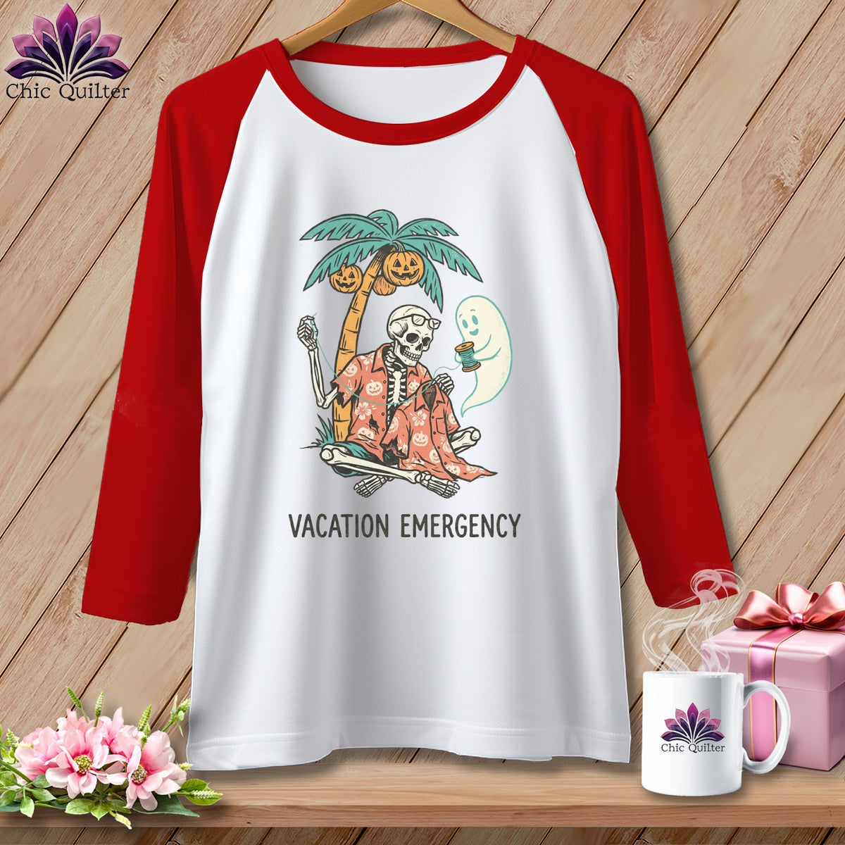 Skeleton, ghost, palm tree, and pumpkins graphic on a raglan t-shirt with "Vacation Emergency" text.