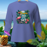 Purple long-sleeve shirt with a flamingo and 