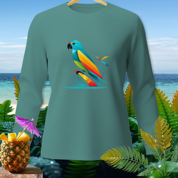 Teal long-sleeve shirt with a colorful geometric parrot design and tropical background.