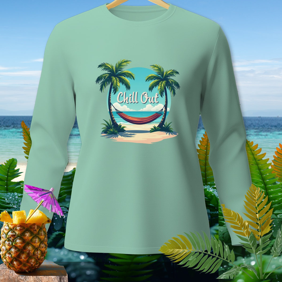 Light green long-sleeve shirt with tropical beach graphic and "Chill Out" text.
