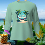 Light green long-sleeve shirt with tropical beach graphic and 