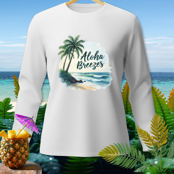 White long-sleeve shirt with "Aloha Breezes" beach graphic and tropical foliage.