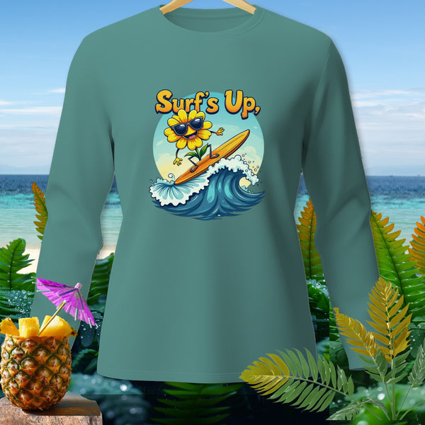 Long sleeve shirt with "Surf's Up" text and cartoon sunflower surfing.