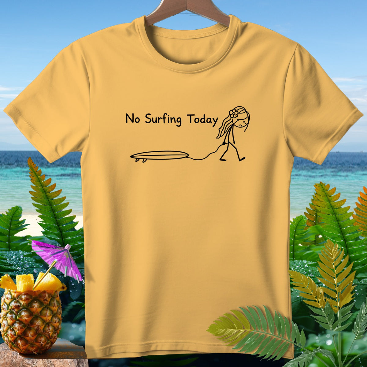 Yellow t-shirt with "No Surfing Today" text and stick figure illustration.