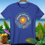 Blue t-shirt with a circular graphic of a sun and floral elements.