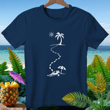 Navy t-shirt with white graphic of footprints from a palm tree to a person relaxing under an umbrella.