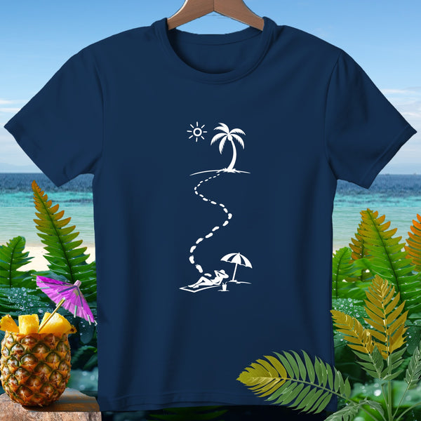 Navy t-shirt with white graphic of footprints from a palm tree to a person relaxing under an umbrella.
