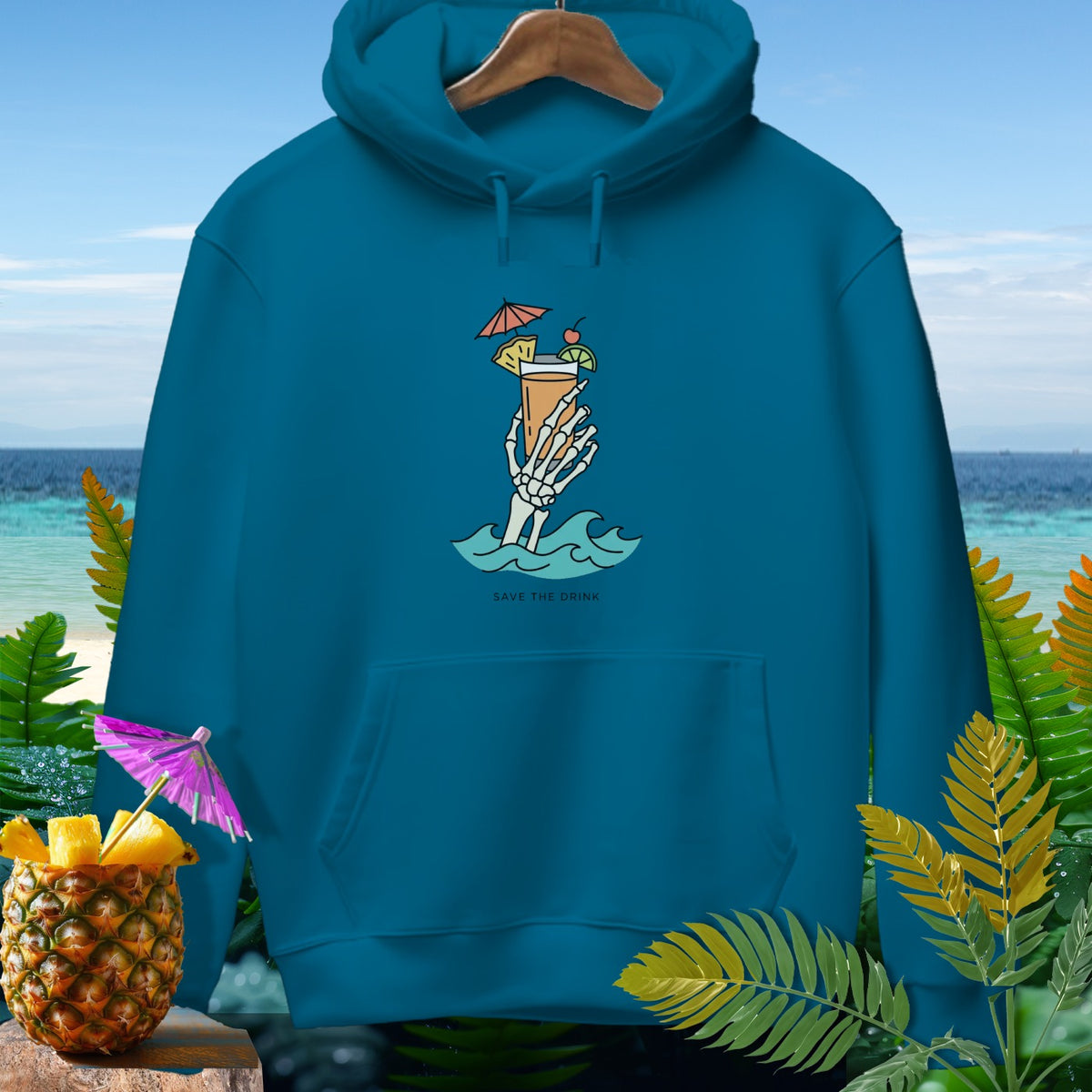 Teal hoodie with skeleton hand holding cocktail and text "Save the Drink".