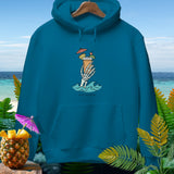 Teal hoodie with skeleton hand holding cocktail and text 
