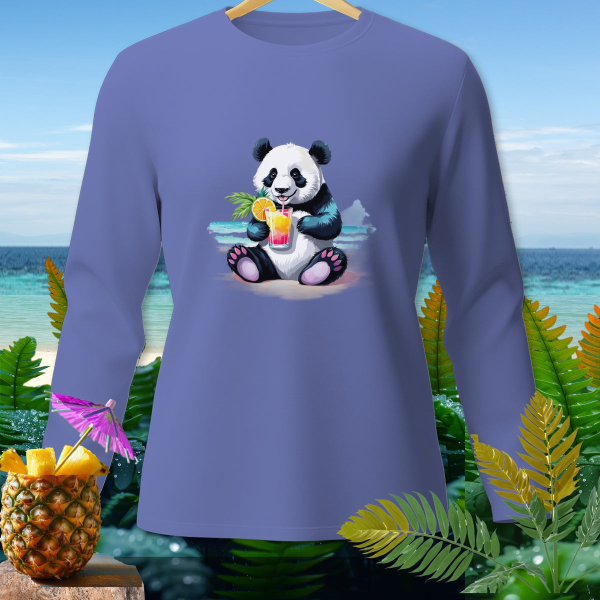 Long sleeve t-shirt with a seated panda holding a tropical drink on a beach.