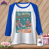 T-shirt graphic: skeletons dancing on a beach, text 