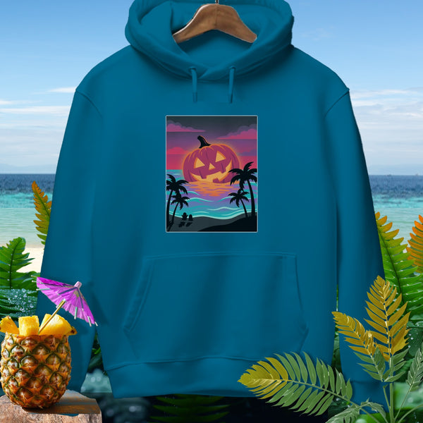 Teal hoodie with a sunset beach graphic featuring a jack-o'-lantern.