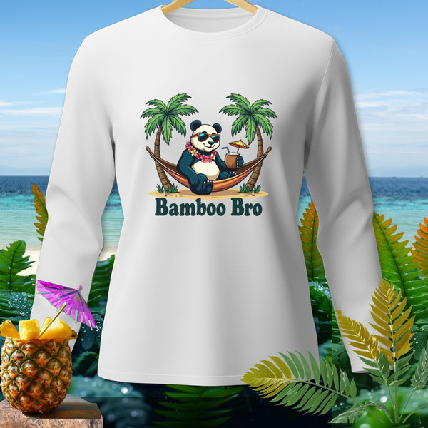 Panda in a hammock on a beach with "Bamboo Bro" text below.