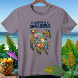 T-shirt with cartoon sea turtles and text 