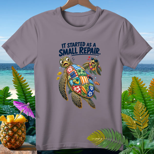 T-shirt with cartoon sea turtles and text "IT STARTED AS A SMALL REPAIR."