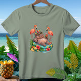 Hippo in inflatable ring with flamingos and tropical drinks on t-shirt.