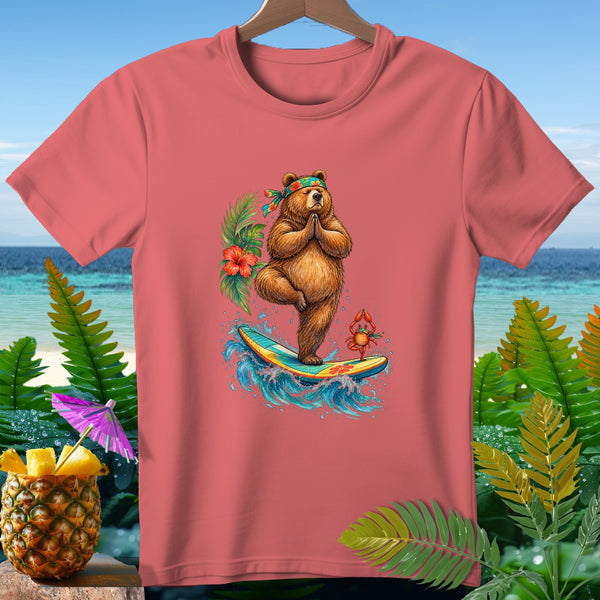 Bear meditating on a surfboard with a crab, tropical foliage, and beach background.