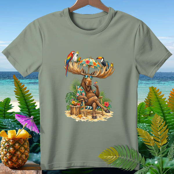 Moose in sunglasses on a beach chair with parrots, toucans, and drinks.