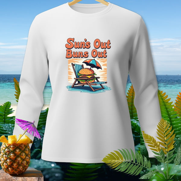White long-sleeve shirt with "Sun's Out Buns Out" graphic and a burger on a beach chair.