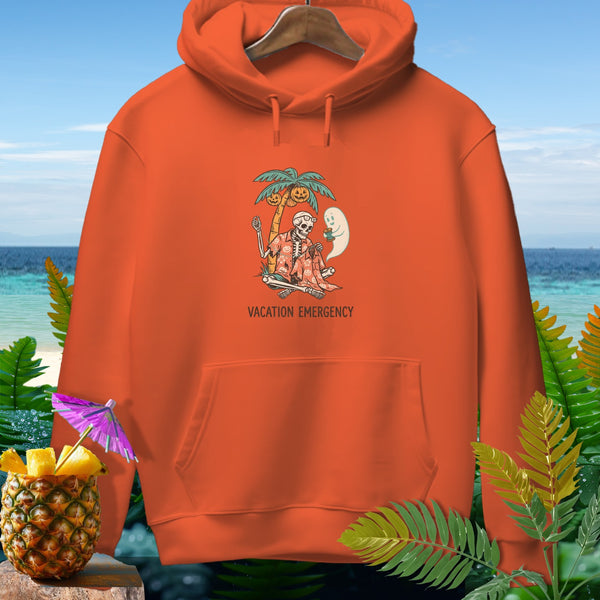 Orange hoodie with skeleton, ghost, palm tree, pumpkins, and "Vacation Emergency" text.