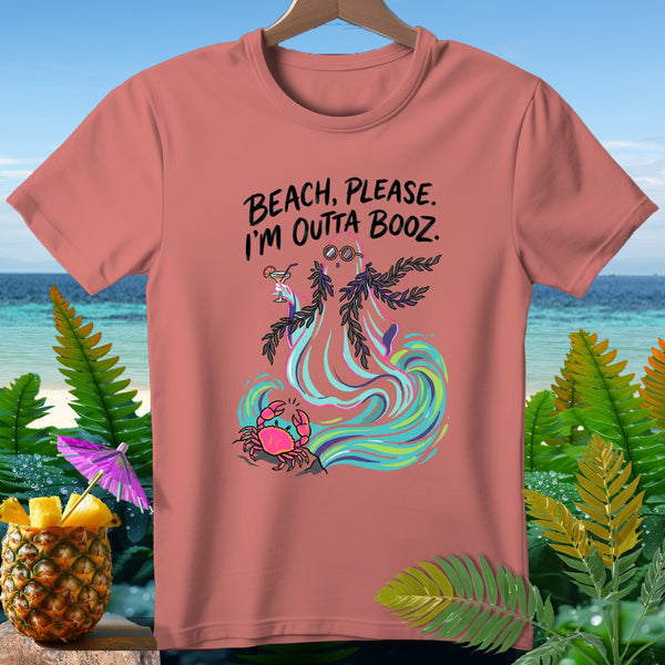 Coral t-shirt with "Beach, Please. I'm Outta Booz." graphic and beach scene.
