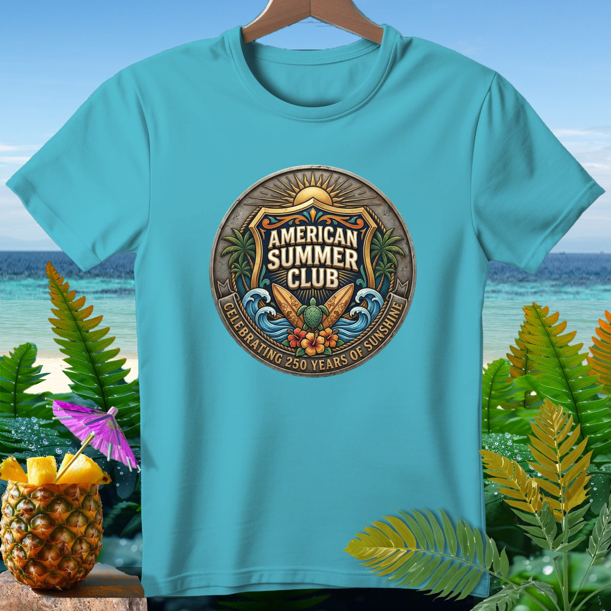 Teal t-shirt with a circular badge reading "American Summer Club" and "Celebrating 250 Years of Sunshine."