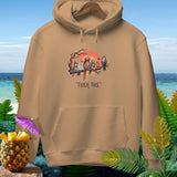 Tan hoodie featuring birds in Halloween costumes and 