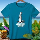 Teal t-shirt with white graphic of parrot on surfboard, 