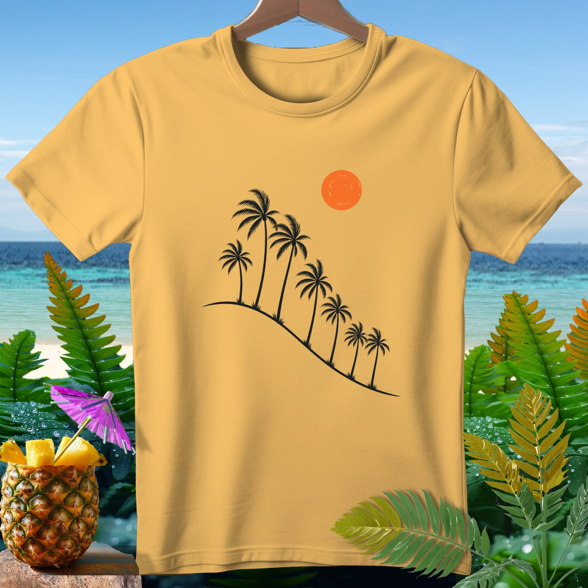 Yellow t-shirt with black palm trees and orange sun graphic.