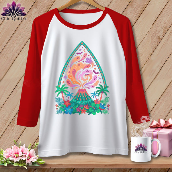 Red and white baseball t-shirt with a colorful volcano and ghosts graphic.