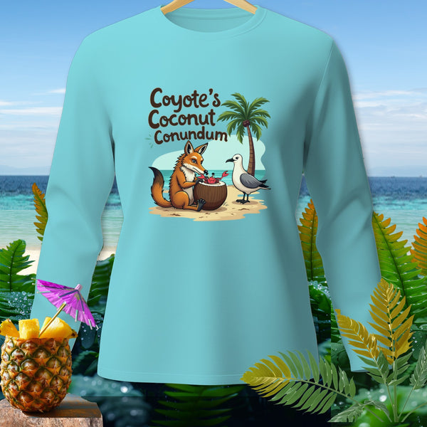 Light blue long-sleeve shirt with "Coyote's Coconut Conundrum" text and cartoon.