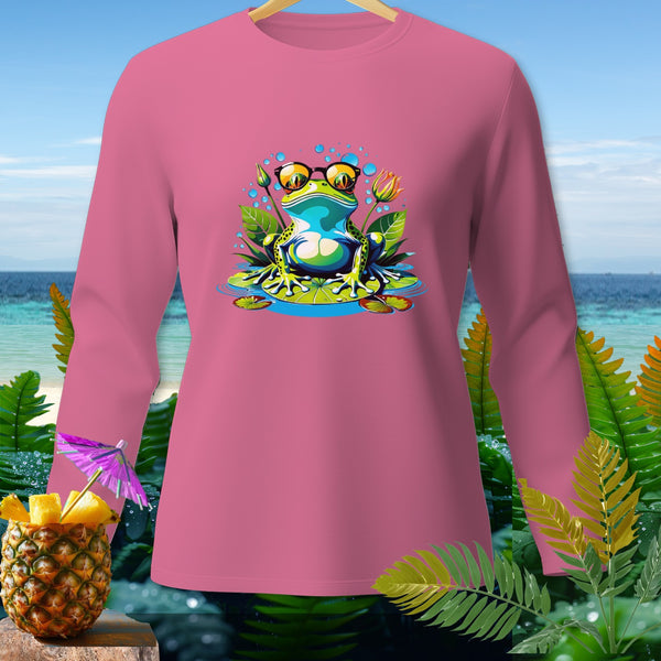 Pink long-sleeve shirt with a cartoon frog wearing sunglasses on a lily pad.