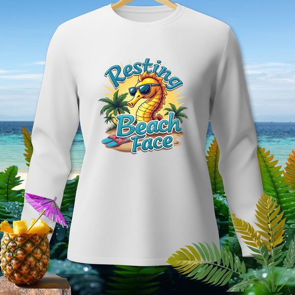 White long-sleeve shirt with a seahorse graphic that reads "Resting Beach Face."