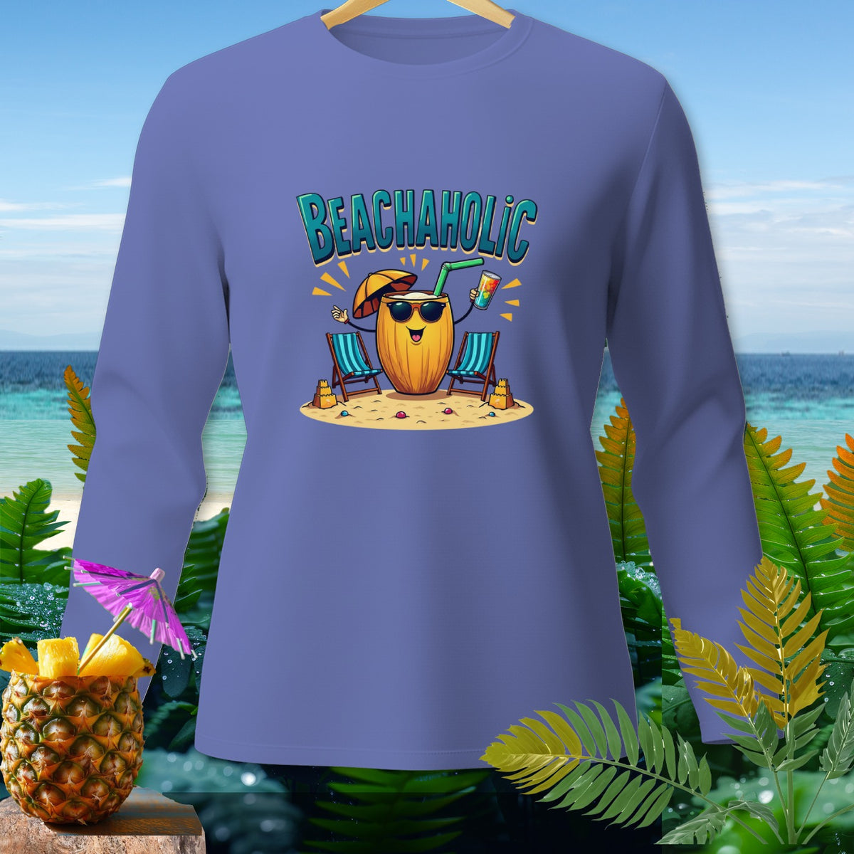 Long-sleeve shirt with "BEACHAHOLIC" text featuring a cartoon coconut drink on a beach.