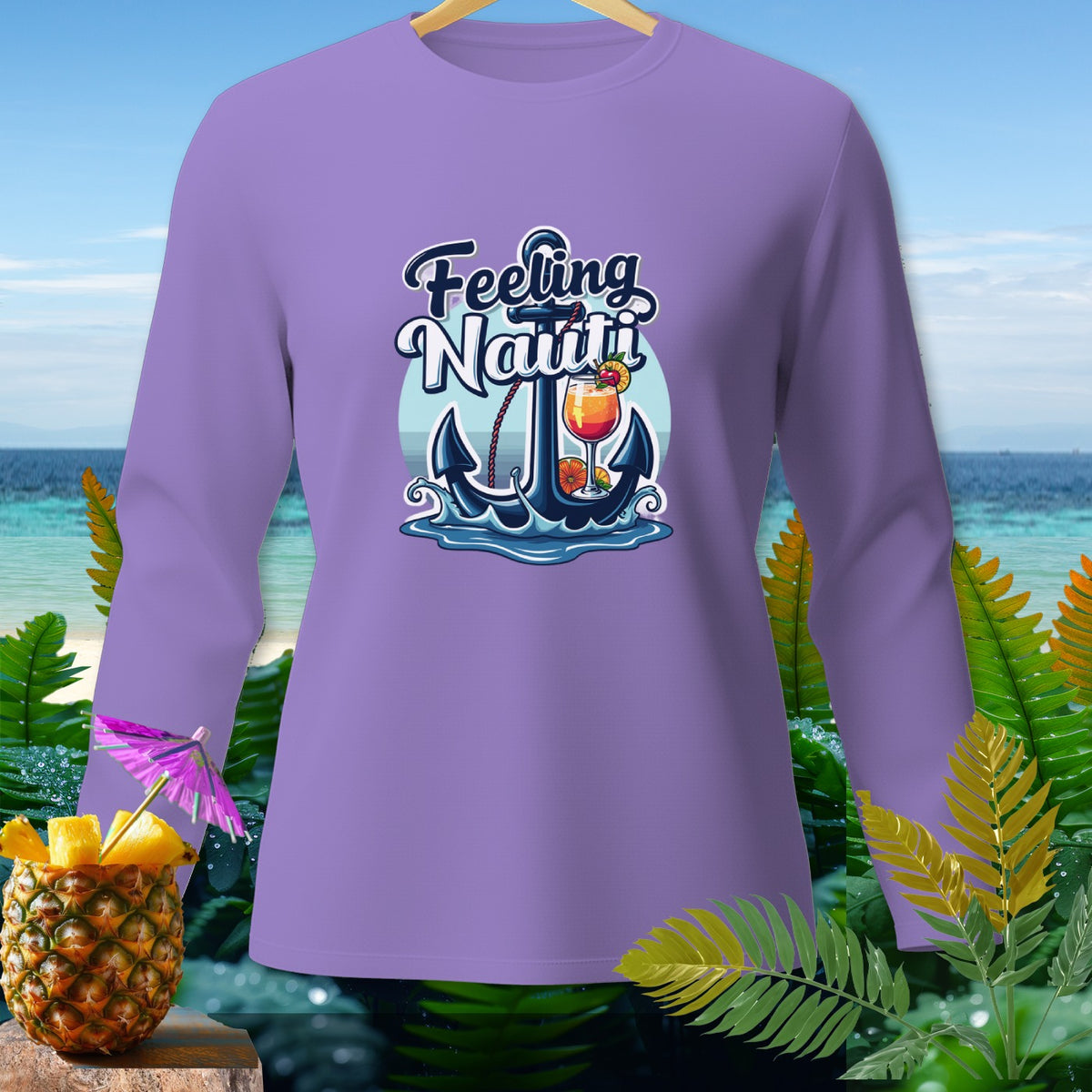 Purple long-sleeved shirt with "Feeling Nauti" anchor and cocktail graphic.