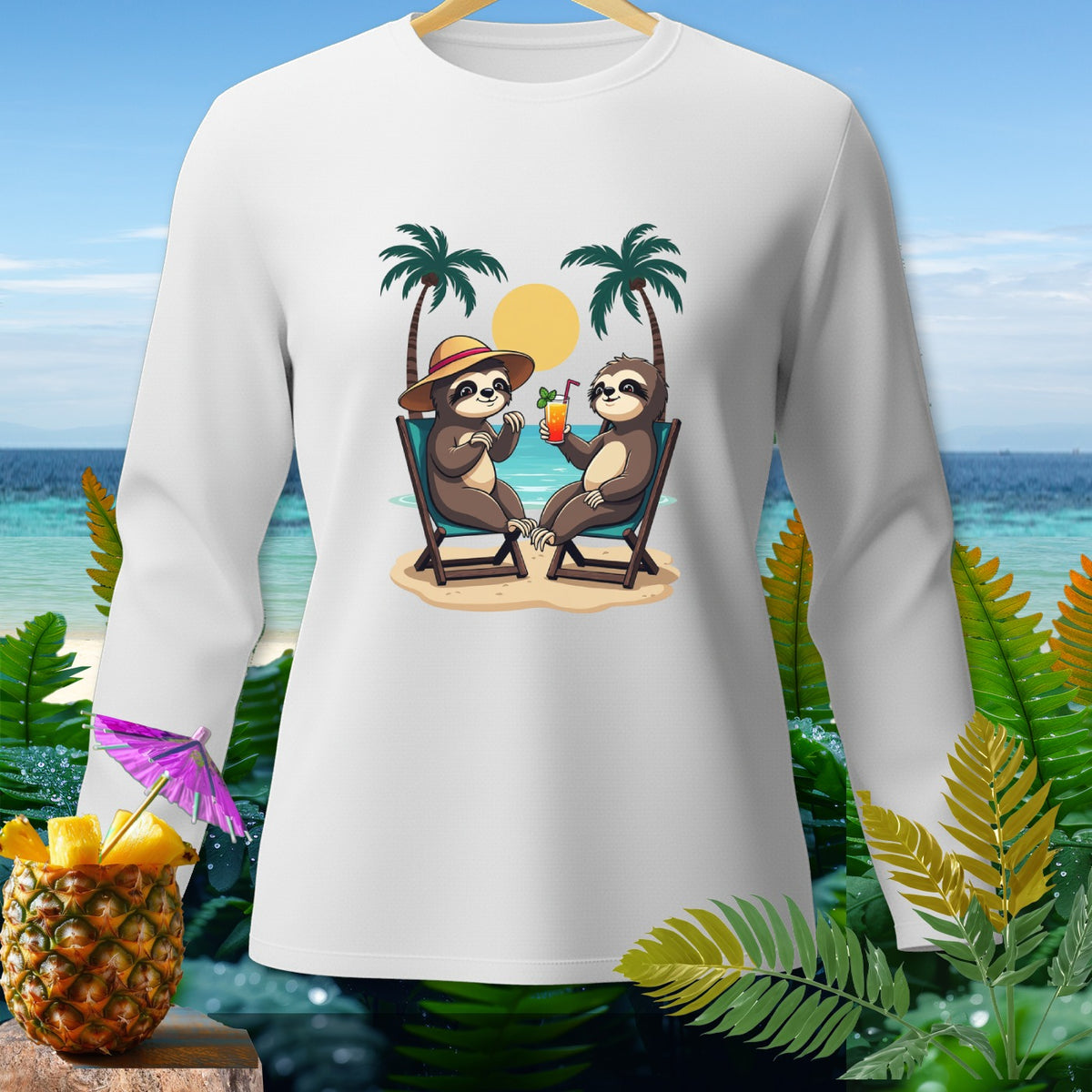 White long-sleeve shirt with two sloths relaxing on a beach with drinks.
