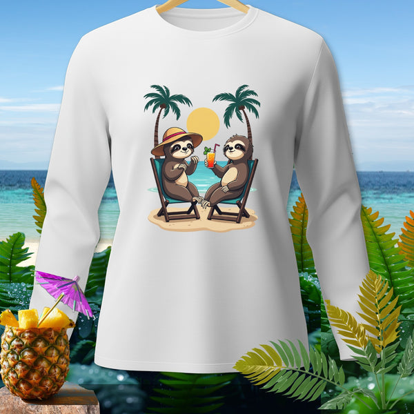 White long-sleeve shirt with two sloths relaxing on a beach with drinks.