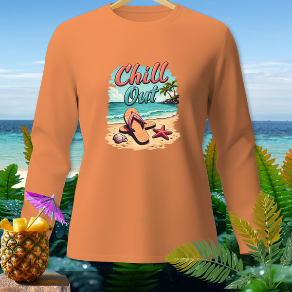 Orange long-sleeve shirt with a beach graphic and "Chill Out" text.